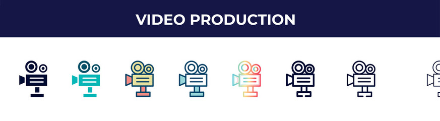 video production icon in 8 styles. line, filled, glyph, thin outline, colorful, stroke and gradient styles, video production vector sign. symbol, logo illustration. different style icons set.