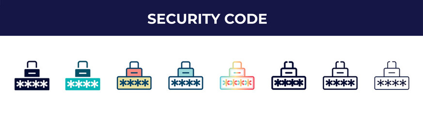 security code icon in 8 styles. line, filled, glyph, thin outline, colorful, stroke and gradient styles, security code vector sign. symbol, logo illustration. different style icons set.