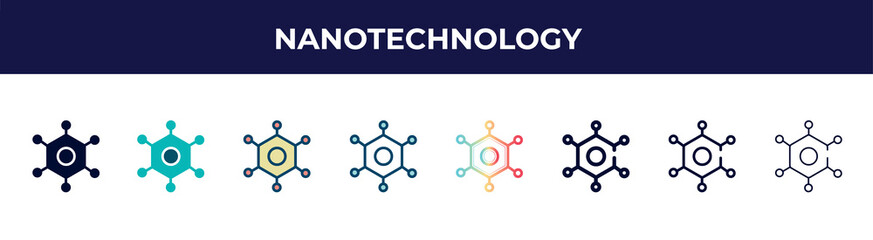 nanotechnology icon in 8 styles. line, filled, glyph, thin outline, colorful, stroke and gradient styles, nanotechnology vector sign. symbol, logo illustration. different style icons set.