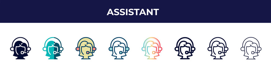 assistant icon in 8 styles. line, filled, glyph, thin outline, colorful, stroke and gradient styles, assistant vector sign. symbol, logo illustration. different style icons set.