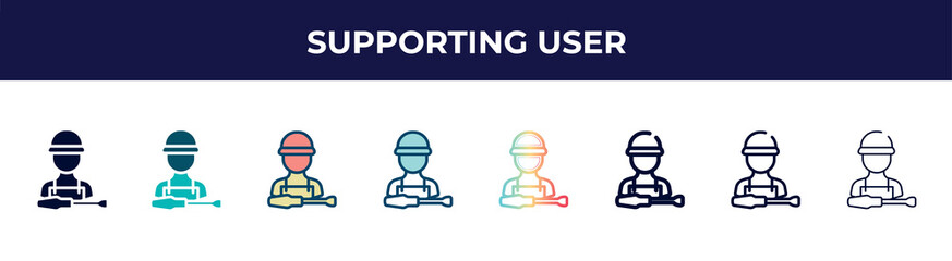 supporting user icon in 8 styles. line, filled, glyph, thin outline, colorful, stroke and gradient styles, supporting user vector sign. symbol, logo illustration. different style icons set.