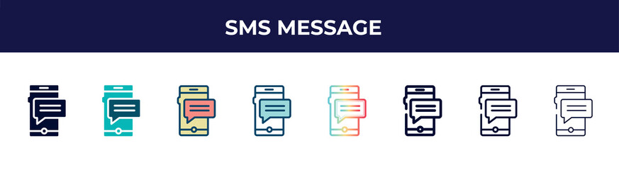 sms message icon in 8 styles. line, filled, glyph, thin outline, colorful, stroke and gradient styles, sms message vector sign. symbol, logo illustration. different style icons set.