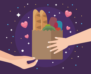 hands giving groceries