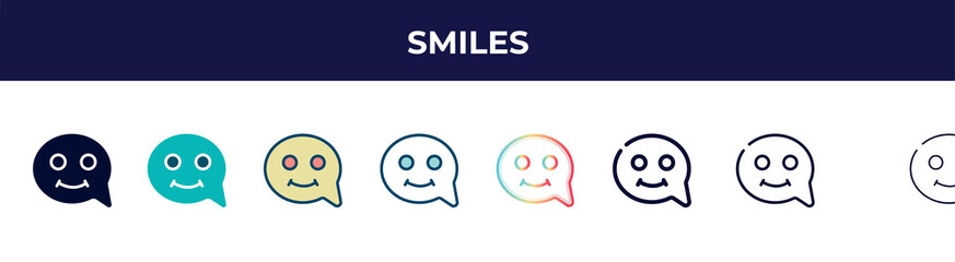 smiles icon in 8 styles. line, filled, glyph, thin outline, colorful, stroke and gradient styles, smiles vector sign. symbol, logo illustration. different style icons set.