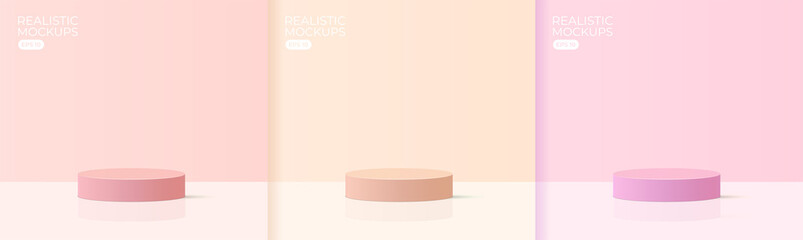 Set of 3d podium in pastel colors. Sweet minimal scene for product display presentation.