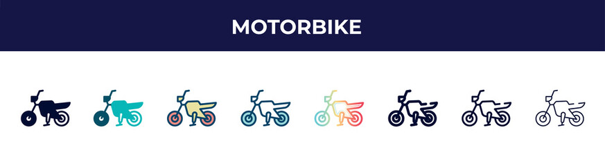 motorbike icon in 8 styles. line, filled, glyph, thin outline, colorful, stroke and gradient styles, motorbike vector sign. symbol, logo illustration. different style icons set.