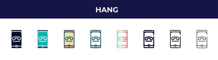 hang icon in 8 styles. line, filled, glyph, thin outline, colorful, stroke and gradient styles, hang vector sign. symbol, logo illustration. different style icons set.
