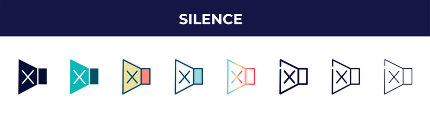 silence icon in 8 styles. line, filled, glyph, thin outline, colorful, stroke and gradient styles, silence vector sign. symbol, logo illustration. different style icons set.