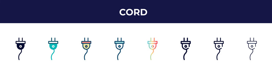 cord icon in 8 styles. line, filled, glyph, thin outline, colorful, stroke and gradient styles, cord vector sign. symbol, logo illustration. different style icons set.