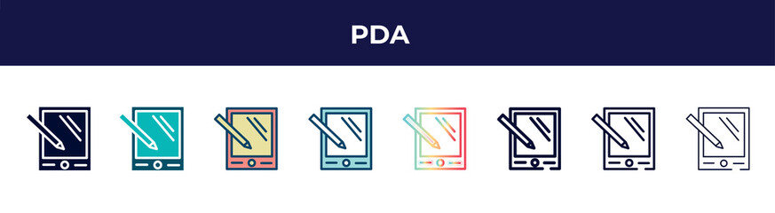 pda icon in 8 styles. line, filled, glyph, thin outline, colorful, stroke and gradient styles, pda vector sign. symbol, logo illustration. different style icons set.