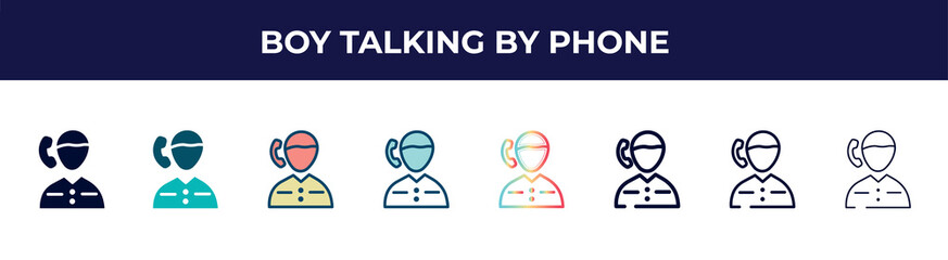 boy talking by phone icon in 8 styles. line, filled, glyph, thin outline, colorful, stroke and gradient styles, boy talking by phone vector sign. symbol, logo illustration. different style icons