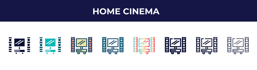 Obraz premium home cinema icon in 8 styles. line, filled, glyph, thin outline, colorful, stroke and gradient styles, home cinema vector sign. symbol, logo illustration. different style icons set.