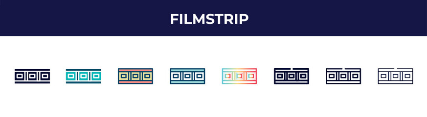 filmstrip icon in 8 styles. line, filled, glyph, thin outline, colorful, stroke and gradient styles, filmstrip vector sign. symbol, logo illustration. different style icons set.