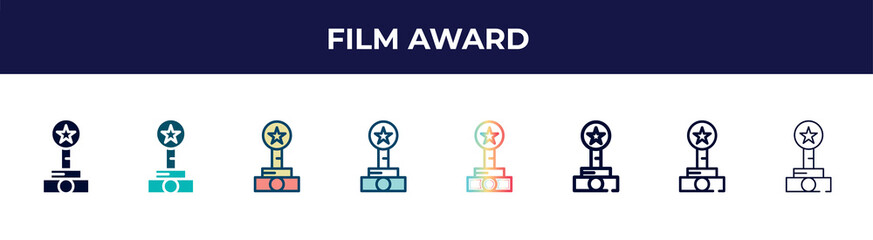 film award icon in 8 styles. line, filled, glyph, thin outline, colorful, stroke and gradient styles, film award vector sign. symbol, logo illustration. different style icons set.