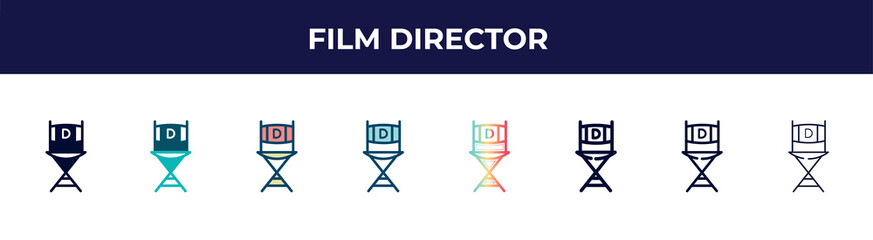 film director icon in 8 styles. line, filled, glyph, thin outline, colorful, stroke and gradient styles, film director vector sign. symbol, logo illustration. different style icons set.