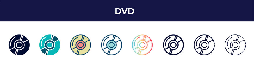 dvd icon in 8 styles. line, filled, glyph, thin outline, colorful, stroke and gradient styles, dvd vector sign. symbol, logo illustration. different style icons set.