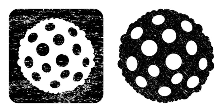Vector bacterium spore hole icon. Grunge bacterium spore seal stamp, done from icon and rounded square. Rounded square seal have bacterium spore hole inside. Vector bacterium spore rubber images.