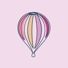Hand drawn air balloon. One line and colorful art. Flat design. Vector illustration.