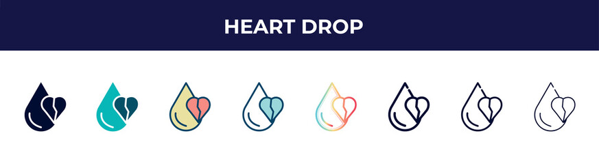 heart drop icon in 8 styles. line, filled, glyph, thin outline, colorful, stroke and gradient styles, heart drop vector sign. symbol, logo illustration. different style icons set.