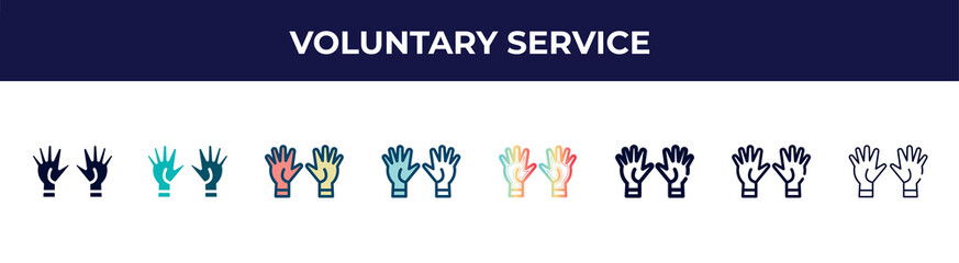 voluntary service icon in 8 styles. line, filled, glyph, thin outline, colorful, stroke and gradient styles, voluntary service vector sign. symbol, logo illustration. different style icons set.