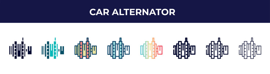 Fototapeta premium car alternator icon in 8 styles. line, filled, glyph, thin outline, colorful, stroke and gradient styles, car alternator vector sign. symbol, logo illustration. different style icons set.