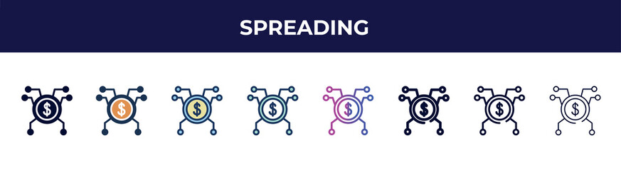 spreading icon in 8 styles. line, filled, glyph, thin outline, colorful, stroke and gradient styles, spreading vector sign. symbol, logo illustration. different style icons set.