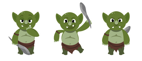 Vector illustration cute and beautiful troll on white background. Charming character in different poses embarrassed, happy and angry in cartoon style.