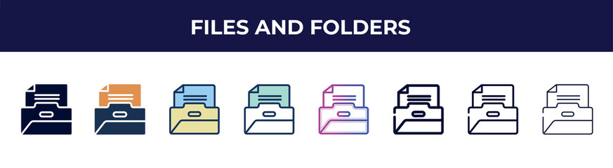 files and folders icon in 8 styles. line, filled, glyph, thin outline, colorful, stroke and gradient styles, files and folders vector sign. symbol, logo illustration. different style icons set.