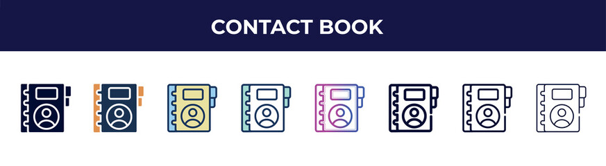 contact book icon in 8 styles. line, filled, glyph, thin outline, colorful, stroke and gradient styles, contact book vector sign. symbol, logo illustration. different style icons set.