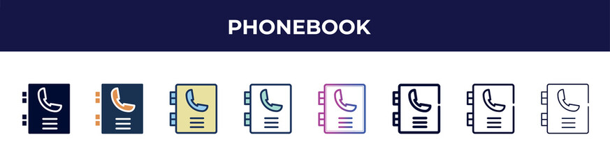 phonebook icon in 8 styles. line, filled, glyph, thin outline, colorful, stroke and gradient styles, phonebook vector sign. symbol, logo illustration. different style icons set.