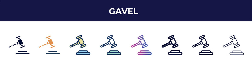 gavel icon in 8 styles. line, filled, glyph, thin outline, colorful, stroke and gradient styles, gavel vector sign. symbol, logo illustration. different style icons set.