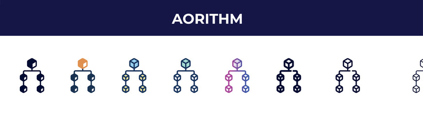 aorithm icon in 8 styles. line, filled, glyph, thin outline, colorful, stroke and gradient styles, aorithm vector sign. symbol, logo illustration. different style icons set.