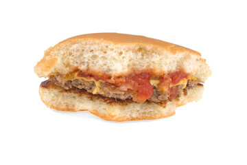 half-eaten delicious hamburger piece of burger isolated on white background
