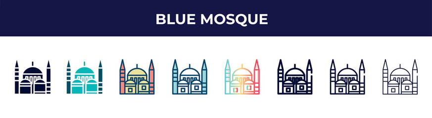blue mosque icon in 8 styles. line, filled, glyph, thin outline, colorful, stroke and gradient styles, blue mosque vector sign. symbol, logo illustration. different style icons set.