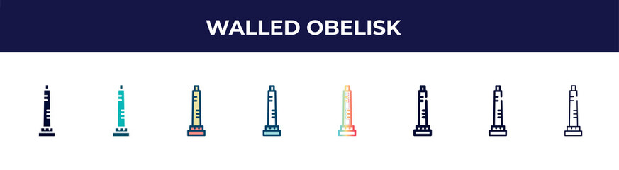 Obraz premium walled obelisk icon in 8 styles. line, filled, glyph, thin outline, colorful, stroke and gradient styles, walled obelisk vector sign. symbol, logo illustration. different style icons set.