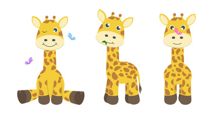 Vector illustration cute and beautiful giraffe on white background. Charming character in different poses happy sits , eats ,stands and butterflies fly around in cartoon style.