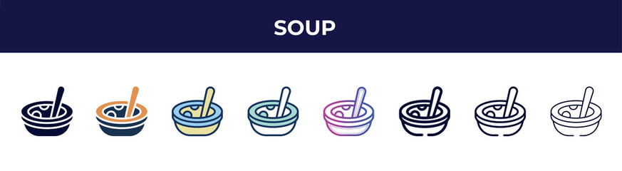Fototapeta premium soup icon in 8 styles. line, filled, glyph, thin outline, colorful, stroke and gradient styles, soup vector sign. symbol, logo illustration. different style icons set.