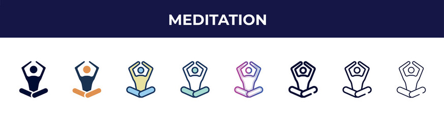meditation icon in 8 styles. line, filled, glyph, thin outline, colorful, stroke and gradient styles, meditation vector sign. symbol, logo illustration. different style icons set.
