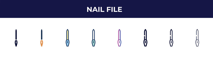 nail file icon in 8 styles. line, filled, glyph, thin outline, colorful, stroke and gradient styles, nail file vector sign. symbol, logo illustration. different style icons set.