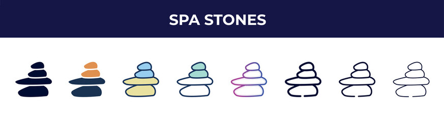 spa stones icon in 8 styles. line, filled, glyph, thin outline, colorful, stroke and gradient styles, spa stones vector sign. symbol, logo illustration. different style icons set.