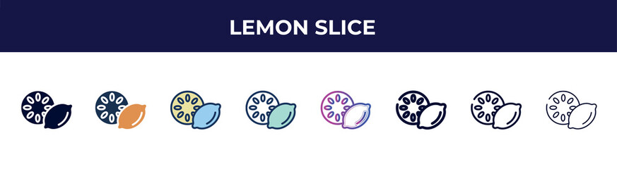 lemon slice icon in 8 styles. line, filled, glyph, thin outline, colorful, stroke and gradient styles, lemon slice vector sign. symbol, logo illustration. different style icons set.