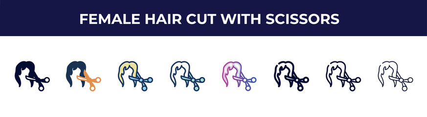 female hair cut with scissors icon in 8 styles. line, filled, glyph, thin outline, colorful, stroke and gradient styles, female hair cut with scissors vector sign. symbol, logo illustration.