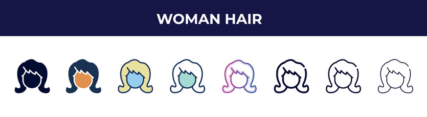 woman hair icon in 8 styles. line, filled, glyph, thin outline, colorful, stroke and gradient styles, woman hair vector sign. symbol, logo illustration. different style icons set.