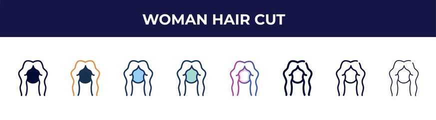 woman hair cut icon in 8 styles. line, filled, glyph, thin outline, colorful, stroke and gradient styles, woman hair cut vector sign. symbol, logo illustration. different style icons set.