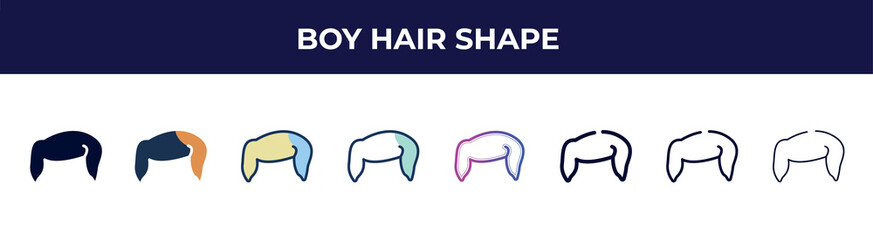 boy hair shape icon in 8 styles. line, filled, glyph, thin outline, colorful, stroke and gradient styles, boy hair shape vector sign. symbol, logo illustration. different style icons set.