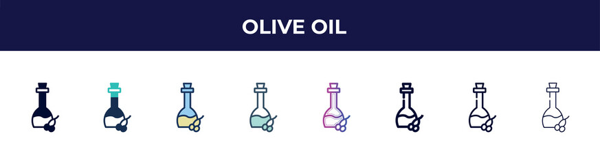 Obraz premium olive oil icon in 8 styles. line, filled, glyph, thin outline, colorful, stroke and gradient styles, olive oil vector sign. symbol, logo illustration. different style icons set.