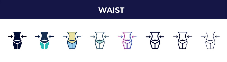 waist icon in 8 styles. line, filled, glyph, thin outline, colorful, stroke and gradient styles, waist vector sign. symbol, logo illustration. different style icons set.