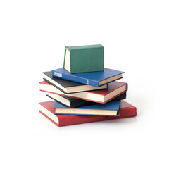 Stack of red, black, blue and green on a white background.