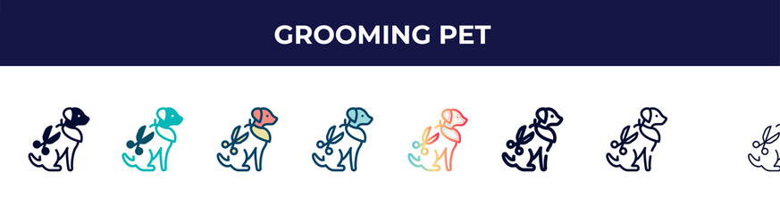 grooming pet icon in 8 styles. line, filled, glyph, thin outline, colorful, stroke and gradient styles, grooming pet vector sign. symbol, logo illustration. different style icons set.