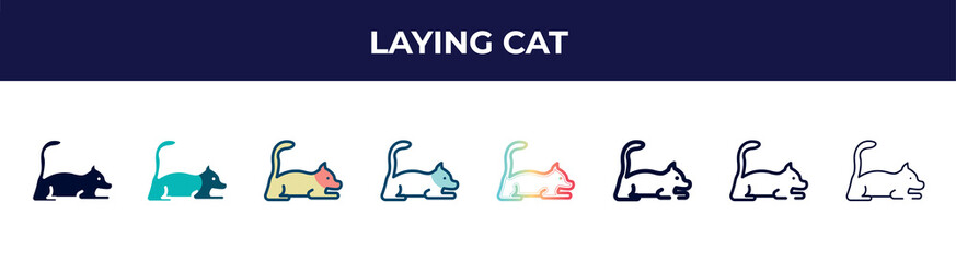 laying cat icon in 8 styles. line, filled, glyph, thin outline, colorful, stroke and gradient styles, laying cat vector sign. symbol, logo illustration. different style icons set.